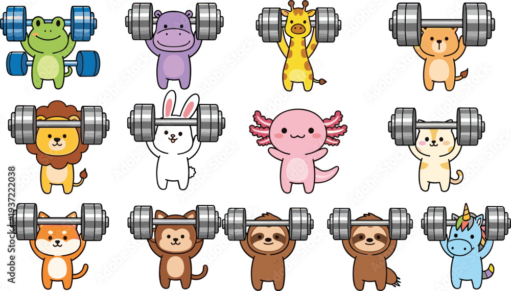 Obraz premium Cute animal fitness cartoon character set with frog, lion, rabbit, giraffe, sloth, axolotl lifting dumbbells vector illustration