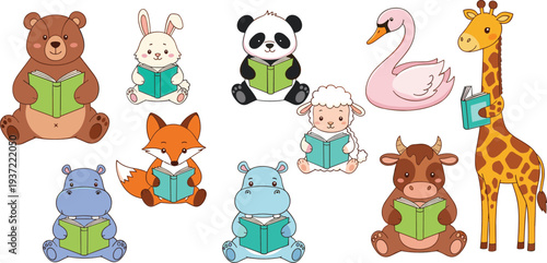 Cute Animals Reading Books Vector Set with Bear, Panda, Rabbit, Fox, Giraffe, Swan, Hippo, Sheep, and Cow Cartoon Illustration Collection