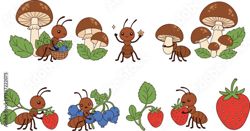 Cute Ants with Mushrooms and Strawberries Cartoon Set with Forest Insects Carrying Berries and Nature Woodland Vector Illustration Collection
