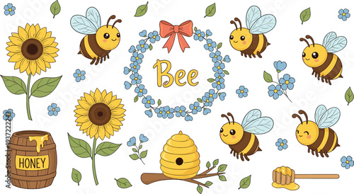 Cute bee and honey collection with sunflowers, beehive, honey jar, flowers, and flying bees cartoon vector illustration