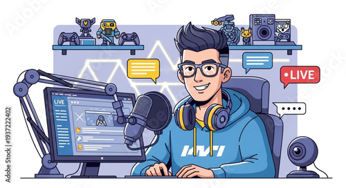 Young Male Streamer with Headphones and Microphone.