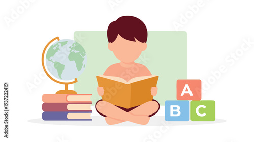 Child reading a book, surrounded by educational symbols of learning