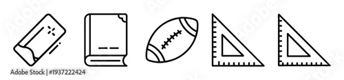 Set of school and sports icons including eraser, book, rugby ball, and rulers