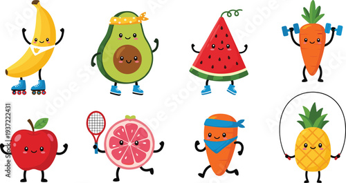 Cute cartoon fruit and vegetable fitness characters with banana, avocado, watermelon, carrot, pineapple exercising vector illustration set