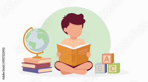 Child reading book with globe and alphabet blocks, early education concept