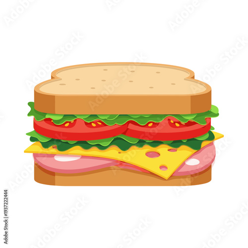 Classic sandwich with lettuce, tomato, cheese, and ham layers  