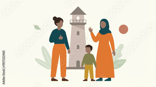 Diverse family with child standing by a lighthouse, flat illustration