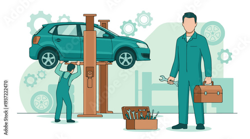 Mechanics working in an auto repair shop with a car on a hydraulic lift