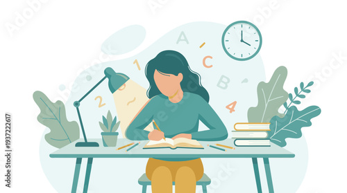 Young woman studying at a desk, focused on learning and writing in a book