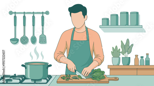 Person cooking in kitchen, chopping fresh vegetables on cutting board
