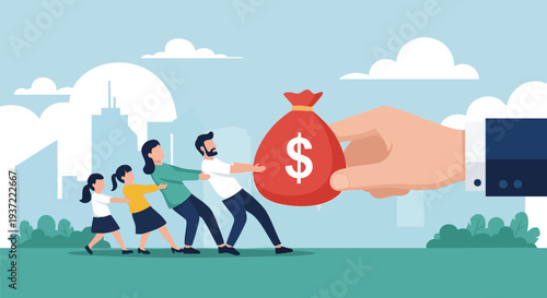 Vector illustration of people pulling on a money bag