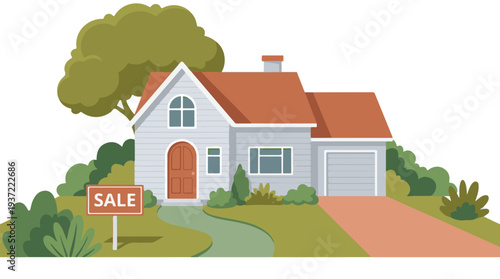 Residential house for sale illustration with 'SALE' sign and green landscape