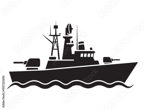 A black silhouette of a naval vessel sailing on wavy waters with various structures on deck