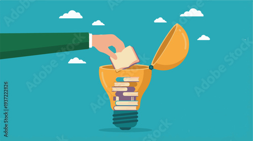 Hand putting book into lightbulb, symbolizing knowledge, education, and new ideas