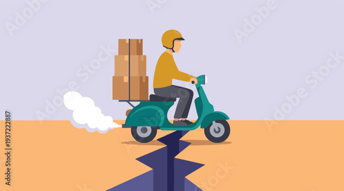 Delivery person on scooter overcoming a cracked road with packages