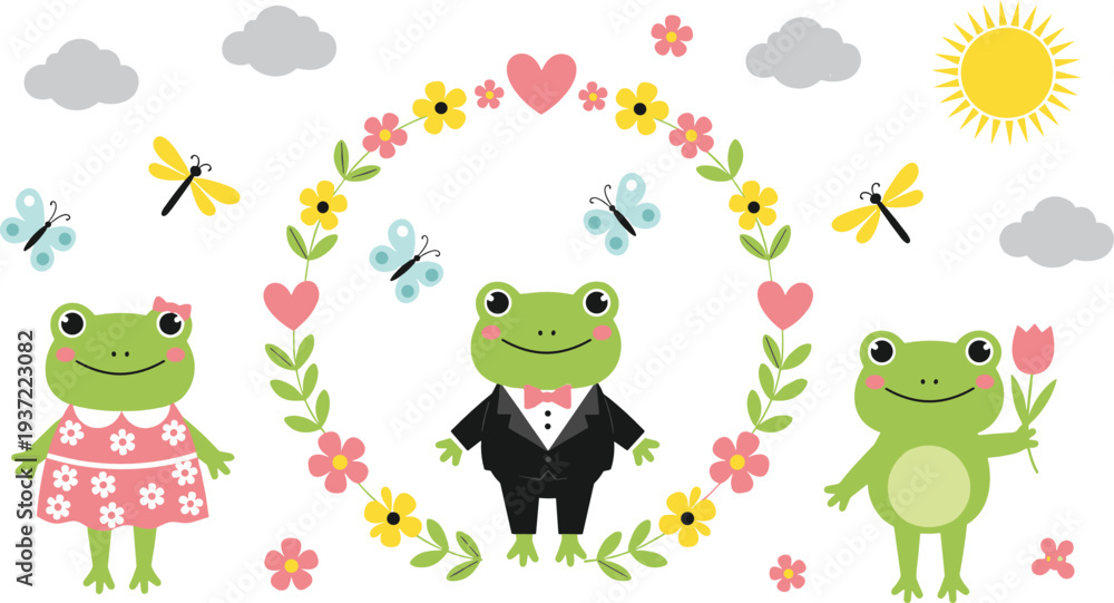 Naklejka premium Cute Frog Couple Wedding Vector Set with Bride and Groom Frogs, Floral Heart Wreath, Butterflies, Flowers, Clouds, and Sun Cartoon Illustration