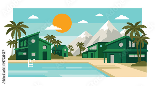 Minimalist tropical resort scene with modern architecture and palm trees