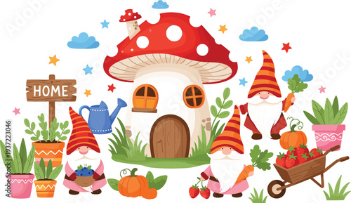 Cute garden gnome characters with mushroom house, plants, pumpkins, watering can, and wheelbarrow whimsical fairy garden vector illustration