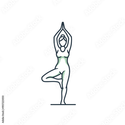 Minimalist line art of a woman in Tree Pose (Vrikshasana) symbolizing balance, serenity, and yoga practice