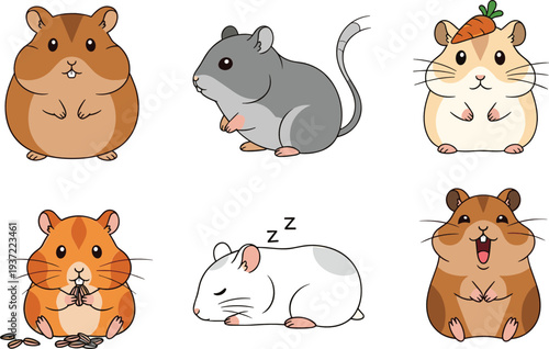 Cute Hamster Cartoon Character Set with Different Poses Eating Sleeping Sitting and Pet Rodent Animal Vector Illustration Collection