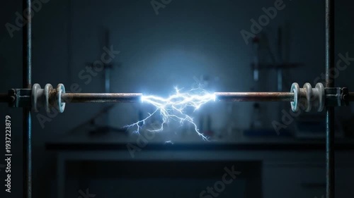 Science meteorology experiment concept. Electrical sparks jumping between metal rods in a dark industrial setting