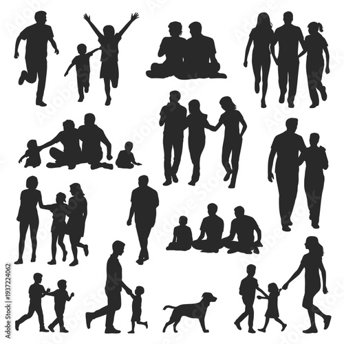 Diverse silhouettes of people engaged in various leisurely activities