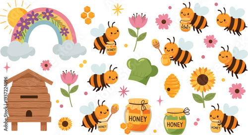 Cute honey bee cartoon collection with beehive, honey jars, flowers, rainbow, honeycomb, and flying bees vector illustration set