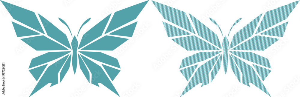Obraz premium Two teal geometric butterflies with different wing patterns