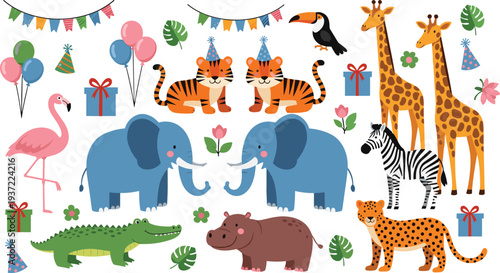Cute jungle safari animal collection with elephant, giraffe, tiger, zebra, flamingo, crocodile, and leopard cartoon vector illustration
