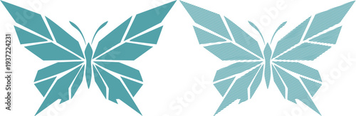 Two teal geometric butterflies with different wing patterns