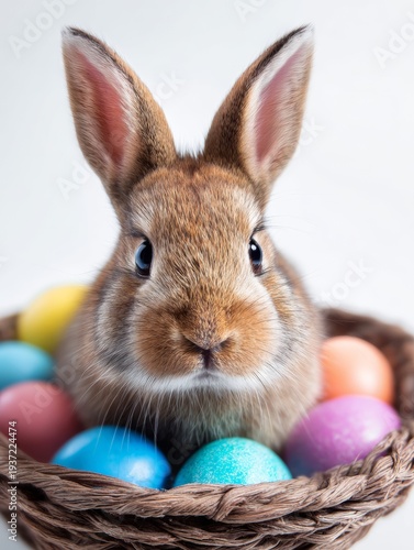 Bunny in basket with eggs, joyful theme.