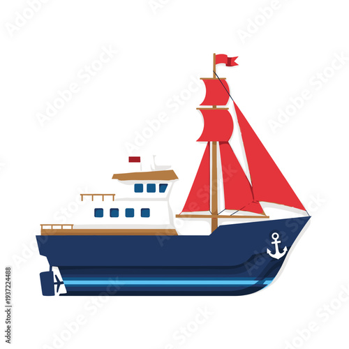 Sailing ship illustration with red sails and blue hull design  