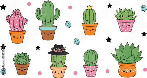 Cute kawaii cactus and succulent plant characters in pots with smiling faces, colorful doodle style houseplant vector illustration set