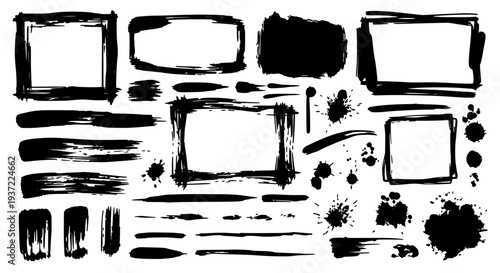 Frames hand drawn set with black ink and grunge effects featuring sketch, art, illustration with vector and design