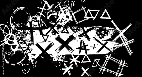 Symbols grunge set with various geometric shapes and crosses featuring abstract, textures, black and white with graphic
