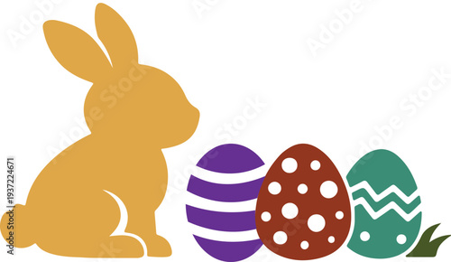 A cute cartoon rabbit with long pink ears celebrates the spring holiday by holding a funny chocolate egg in this happy vector illustration of an Easter bunny with eggs