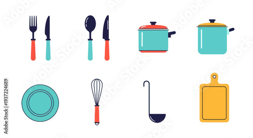 Kitchen utensils and cookware on white