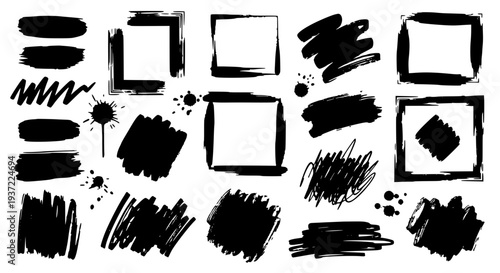 Frames hand drawn set with black ink strokes and textures featuring borders, graphic resources, illustration elements