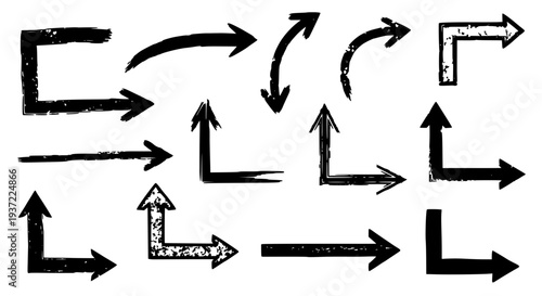 Arrows hand drawn set with black curved lines and grunge texture featuring sketch, vector, illustration with direction