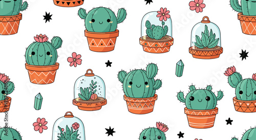 Cute kawaii cactus seamless pattern with smiling potted succulents, glass terrariums, flowers, and crystals playful vector background