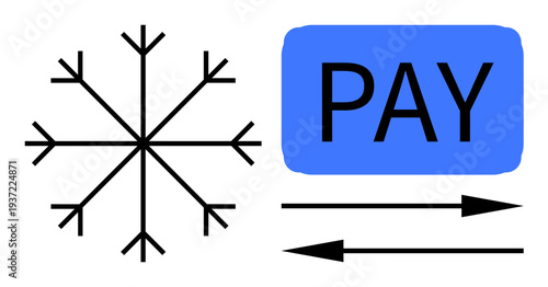 Financial transactions, online payments, e-commerce, winter sales, cashless systems, digital trade. Snowflake with arrows and a blue PAY label. E-commerce and financial transactions concept