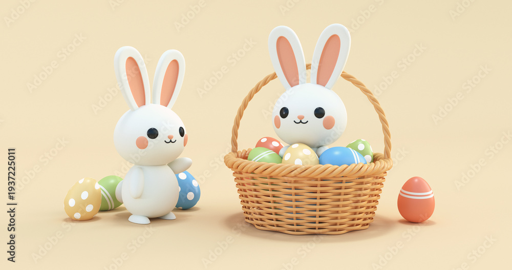 Obraz premium cute easter bunnies and easter eggs 3d render