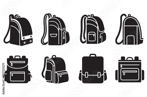 Set of black school backpack icons on transparent background for education design and student accessories collection with various bag styles and shapes for children and teenagers