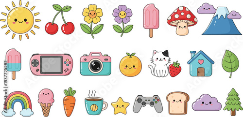 Cute Kawaii Doodle Icon Set with Sun, Flowers, Ice Cream, Camera, Cat, Rainbow, Game Controller, and Fun Cartoon Sticker Style Vector Collection