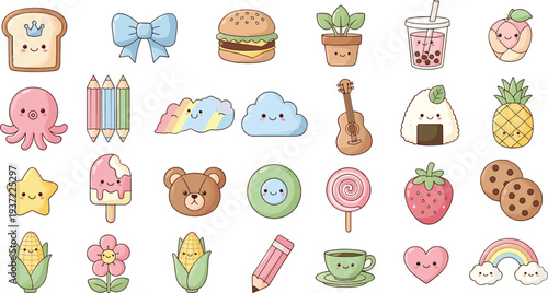 Cute kawaii doodle icon set with food, fruits, clouds, rainbow, guitar, pencils, and adorable cartoon objects vector collection