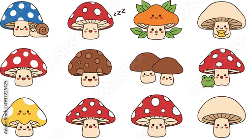 Cute kawaii mushroom cartoon character collection with different fungi styles, snail, frog, leaves, and sleeping toadstool vector illustration