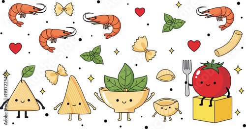 Cute Kawaii Italian Pasta and Ingredients Cartoon Set with Shrimp Tomato Basil Farfalle Ravioli and Food Characters Vector Illustration Collection