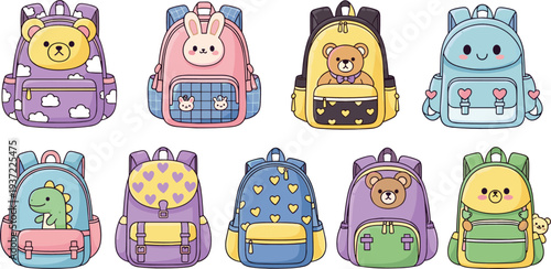 Cute kawaii school backpack collection with animal faces, hearts, clouds, and colorful kids bag designs vector illustration set