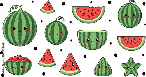 Cute kawaii watermelon cartoon collection with whole fruits, slices, bowl, star shape, and smiling summer fruit characters vector