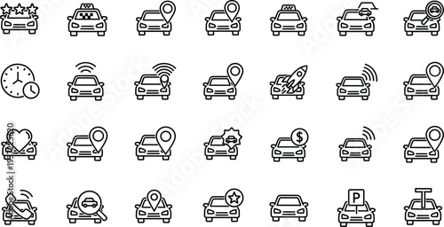 Comprehensive Automotive Service and Ride-Hailing Line Icon Set Featuring Car Location GPS Smart Tech and Vehicle Maintenance Symbols for Mobile App UI